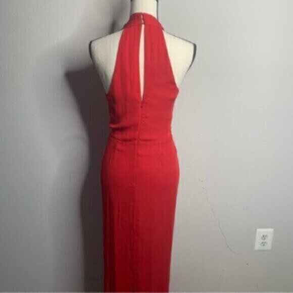 Vintage Red Halter Plunged Neckline Gown with Elegant Ruffle Detail Maxi Dress - Picture 12 of 12